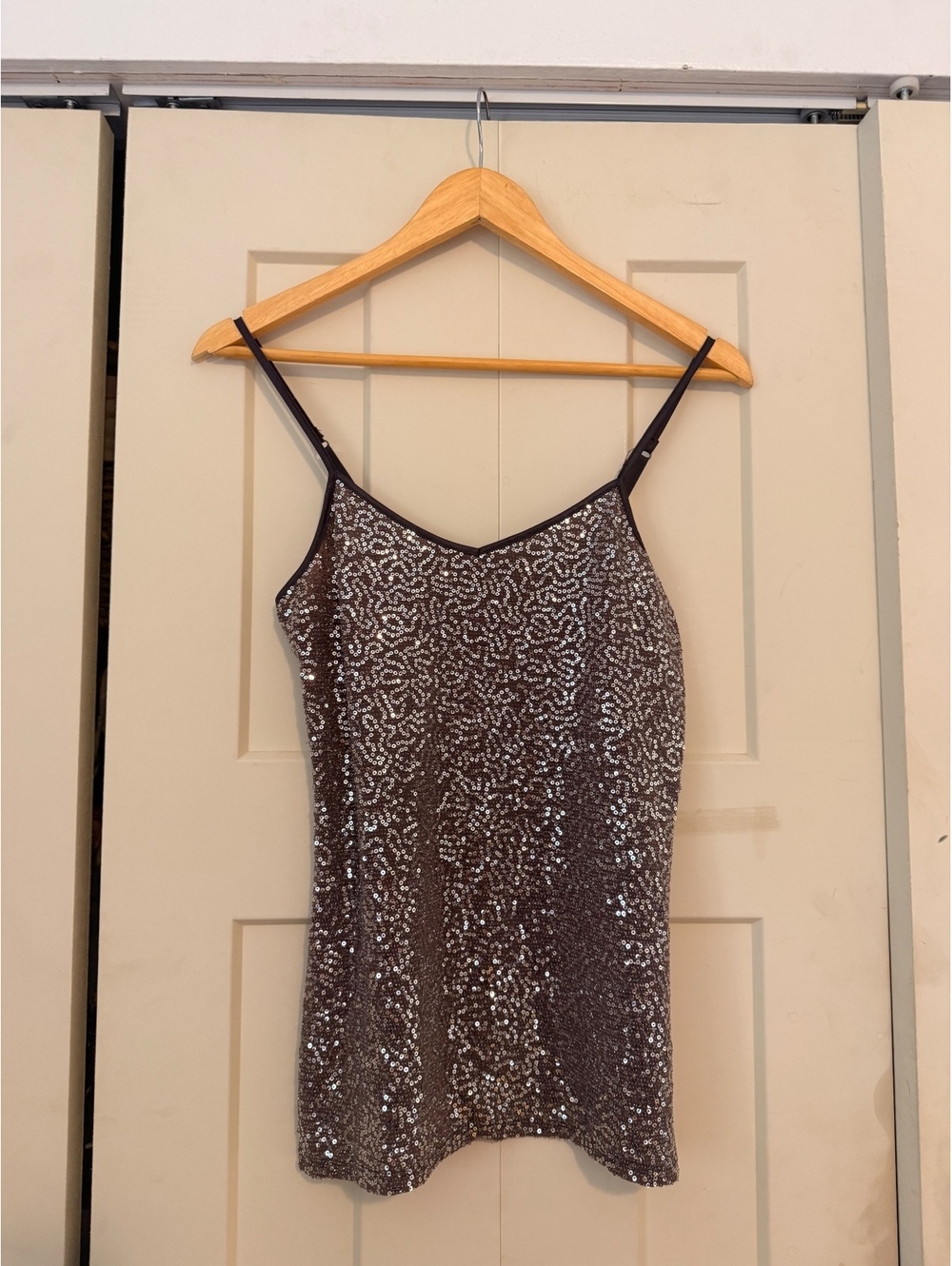 Y2K Express silver gray sequin tank top vneck cami glam party holiday party club